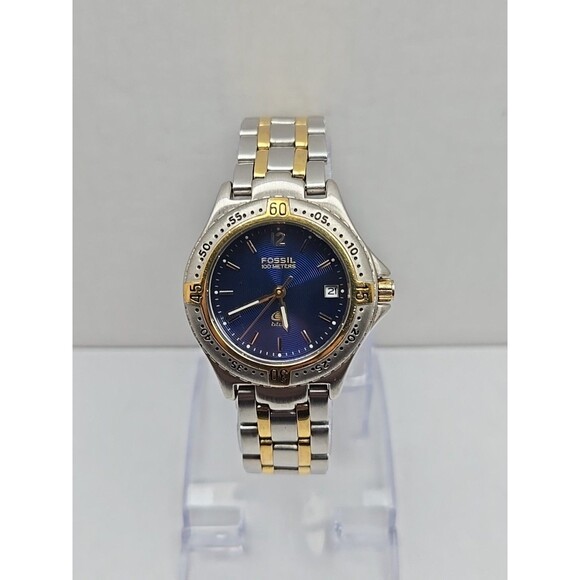 Fossil Blue AM3262 Two Tone Watch 31mm Blue Dial Date 100M Quartz New Battery WR - Picture 1 of 11